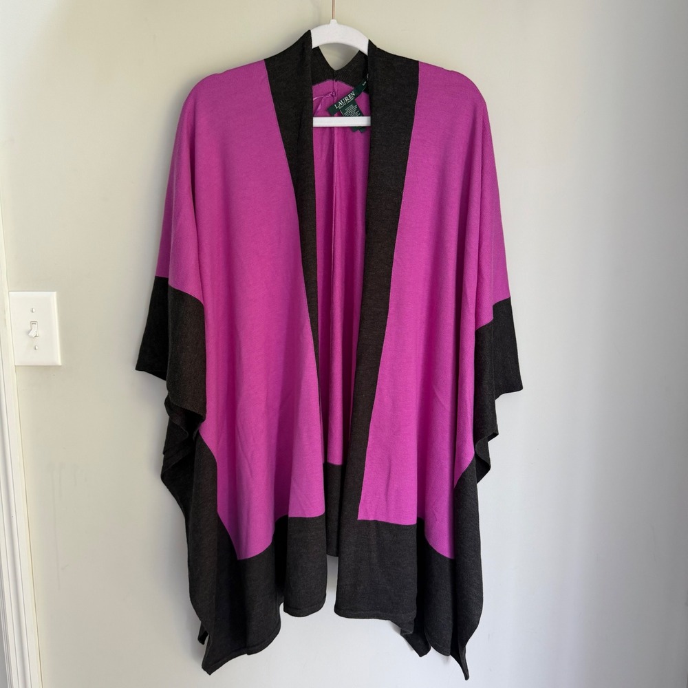 Lauren Ralph Lauren Colorblock Knit Wrap Poncho Fushia Gray Size Small / Medium